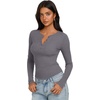 image:imageREORIA Womens Cotton Long Sleeve Henley Shirt Casual Work Ribbed Knit TopsGrey