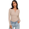 image:imageREORIA Womens Cotton Long Sleeve Henley Shirt Casual Work Ribbed Knit TopsLight Brown