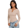 image:imageREORIA Womens Cotton Long Sleeve Henley Shirt Casual Work Ribbed Knit TopsLight Brown