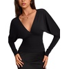 image:imageREORIA Womens Deep V Neck Batwing Sleeve Cinched Waist Tops for Going OutBlack