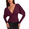 image:imageREORIA Womens Deep V Neck Batwing Sleeve Cinched Waist Tops for Going OutBurgundy