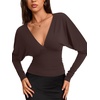 image:imageREORIA Womens Deep V Neck Batwing Sleeve Cinched Waist Tops for Going OutCoffee