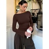 image:imageREORIA Womens Double Lined Y2K Cropped Top Bell Sleeve Fall Basic ShirtsCoffee