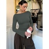 image:imageREORIA Womens Double Lined Y2K Cropped Top Bell Sleeve Fall Basic ShirtsSage Green