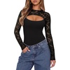 image:imageREORIA Womens Lace Cutout Front Bodysuits Long Sleeve Bodysuit Tops TrendyBlack