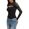 image:imageREORIA Womens Lace Cutout Front Bodysuits Long Sleeve Bodysuit Tops TrendyBlack