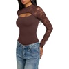 image:imageREORIA Womens Lace Cutout Front Bodysuits Long Sleeve Bodysuit Tops TrendyChocolate