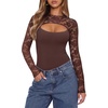 image:imageREORIA Womens Lace Cutout Front Bodysuits Long Sleeve Bodysuit Tops TrendyChocolate
