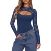 image:imageREORIA Womens Lace Cutout Front Bodysuits Long Sleeve Bodysuit Tops TrendyDeep Blue