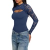 image:imageREORIA Womens Lace Cutout Front Bodysuits Long Sleeve Bodysuit Tops TrendyDeep Blue
