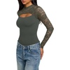 image:imageREORIA Womens Lace Cutout Front Bodysuits Long Sleeve Bodysuit Tops TrendyThyme Green