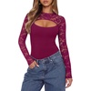 image:imageREORIA Womens Lace Cutout Front Bodysuits Long Sleeve Bodysuit Tops TrendyWine Red