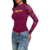 image:imageREORIA Womens Lace Cutout Front Bodysuits Long Sleeve Bodysuit Tops TrendyWine Red