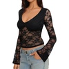 image:imageREORIA Womens Lace Long Bell Sleeve Tops Sexy Deep V Neck Going Out ShirtsBlack
