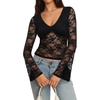 image:imageREORIA Womens Lace Long Bell Sleeve Tops Sexy Deep V Neck Going Out ShirtsBlack