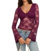 image:imageREORIA Womens Lace Long Bell Sleeve Tops Sexy Deep V Neck Going Out ShirtsBurgundy