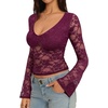 image:imageREORIA Womens Lace Long Bell Sleeve Tops Sexy Deep V Neck Going Out ShirtsBurgundy