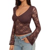 image:imageREORIA Womens Lace Long Bell Sleeve Tops Sexy Deep V Neck Going Out ShirtsCoffee