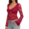 image:imageREORIA Womens Lace Long Bell Sleeve Tops Sexy Deep V Neck Going Out ShirtsEmboldened Red