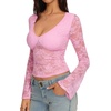 image:imageREORIA Womens Lace Long Bell Sleeve Tops Sexy Deep V Neck Going Out ShirtsLight Pink
