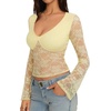 image:imageREORIA Womens Lace Long Bell Sleeve Tops Sexy Deep V Neck Going Out ShirtsPastel Yellow