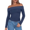 image:imageREORIA Womens Long Sleeve Off Shoulder T Shirts Mesh Going Out TopsDark Denim