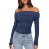 image:imageREORIA Womens Long Sleeve Off Shoulder T Shirts Mesh Going Out TopsDark Denim