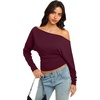 image:imageREORIA Womens Long Sleeve Shirts 2026 Fall Cinched Waist Off Shoulder TopsBurgundy