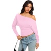image:imageREORIA Womens Long Sleeve Shirts 2026 Fall Cinched Waist Off Shoulder TopsPink