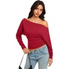 image:imageREORIA Womens Long Sleeve Shirts 2026 Fall Cinched Waist Off Shoulder TopsRed