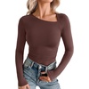 image:imageREORIA Womens Long Sleeve Shirts Asymmetrical Neck Going Out TopsBrown