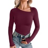 image:imageREORIA Womens Long Sleeve Shirts Asymmetrical Neck Going Out TopsBurgundy