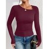 image:imageREORIA Womens Long Sleeve Shirts Asymmetrical Neck Going Out TopsBurgundy