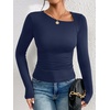 image:imageREORIA Womens Long Sleeve Shirts Asymmetrical Neck Going Out TopsNavy Blue