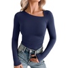 image:imageREORIA Womens Long Sleeve Shirts Asymmetrical Neck Going Out TopsNavy Blue