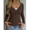 image:imageREORIA Womens Long Sleeve V Neck Lace Shirts Ribbed Henley Going Out TopsBrown