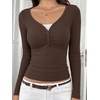 image:imageREORIA Womens Long Sleeve V Neck Lace Shirts Ribbed Henley Going Out TopsBrown