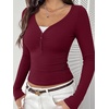 image:imageREORIA Womens Long Sleeve V Neck Lace Shirts Ribbed Henley Going Out TopsBurgundy