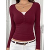 image:imageREORIA Womens Long Sleeve V Neck Lace Shirts Ribbed Henley Going Out TopsBurgundy