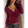 image:imageREORIA Womens Long Sleeve V Neck Lace Shirts Ribbed Henley Going Out TopsBurgundy