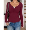 image:imageREORIA Womens Long Sleeve V Neck Lace Shirts Ribbed Henley Going Out TopsBurgundy