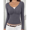 image:imageREORIA Womens Long Sleeve V Neck Lace Shirts Ribbed Henley Going Out TopsGrey