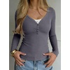 image:imageREORIA Womens Long Sleeve V Neck Lace Shirts Ribbed Henley Going Out TopsGrey