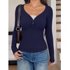 image:imageREORIA Womens Long Sleeve V Neck Lace Shirts Ribbed Henley Going Out TopsNavy Blue