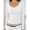 image:imageREORIA Womens Long Sleeve V Neck Lace Shirts Ribbed Henley Going Out TopsWhite