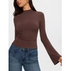 image:imageREORIA Womens Mock Neck Long Sleeve Top Slim Fit Stretch Bell SleeveChocolate Lab