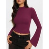 image:imageREORIA Womens Mock Neck Long Sleeve Top Slim Fit Stretch Bell SleeveCordovan