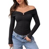 image:imageREORIA Womens Off Shoulder Long Sleeve Going Out Tops Slim Fit Ruched ShirtBlack