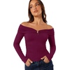 image:imageREORIA Womens Off Shoulder Long Sleeve Going Out Tops Slim Fit Ruched ShirtBurgundy