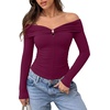 image:imageREORIA Womens Off Shoulder Long Sleeve Going Out Tops Slim Fit Ruched ShirtBurgundy